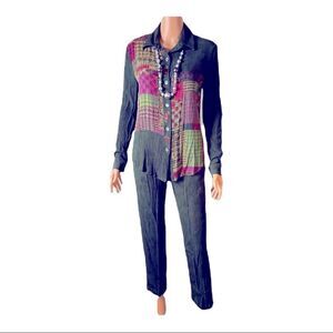 C.M. Shapes Crepe Mixed Fabric LS & Pants Set Sz S